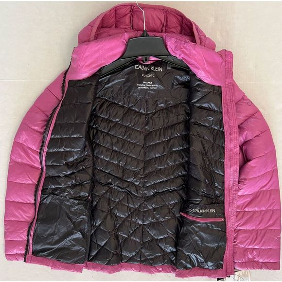Calvin Klein Women Sz XL Chevron Hooded Violet Packable Puffer Down Jacket $190+ - Picture 4 of 11